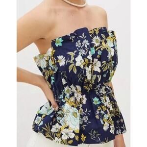 NWT Anthropologie Diana Pleated Strapless Top Sz M Navy Blue Floral Cottagecore